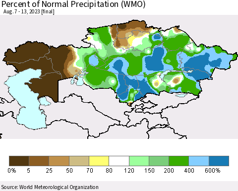 Kazakhstan Percent of Normal Precipitation (WMO) Thematic Map For 8/7/2023 - 8/13/2023