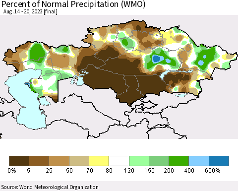 Kazakhstan Percent of Normal Precipitation (WMO) Thematic Map For 8/14/2023 - 8/20/2023