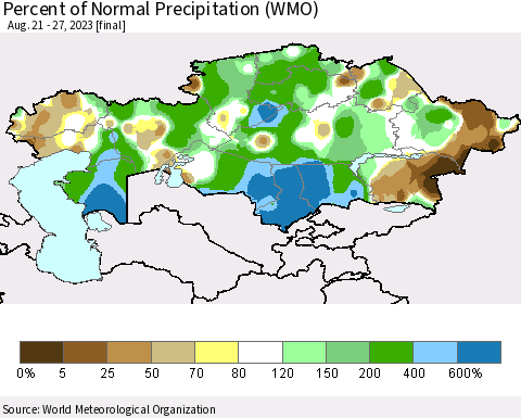 Kazakhstan Percent of Normal Precipitation (WMO) Thematic Map For 8/21/2023 - 8/27/2023