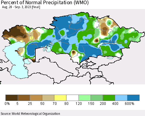 Kazakhstan Percent of Normal Precipitation (WMO) Thematic Map For 8/28/2023 - 9/3/2023
