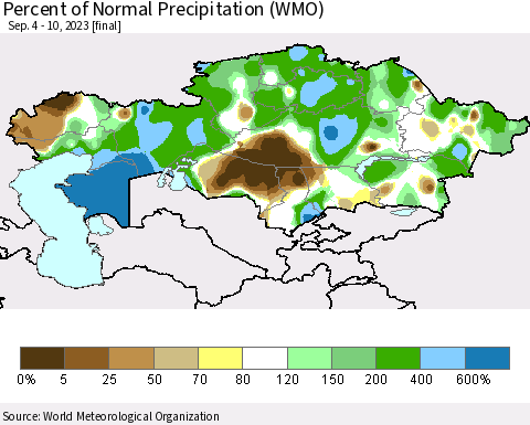 Kazakhstan Percent of Normal Precipitation (WMO) Thematic Map For 9/4/2023 - 9/10/2023