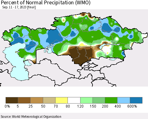 Kazakhstan Percent of Normal Precipitation (WMO) Thematic Map For 9/11/2023 - 9/17/2023