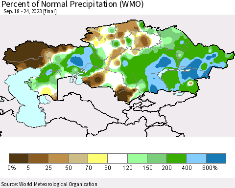 Kazakhstan Percent of Normal Precipitation (WMO) Thematic Map For 9/18/2023 - 9/24/2023