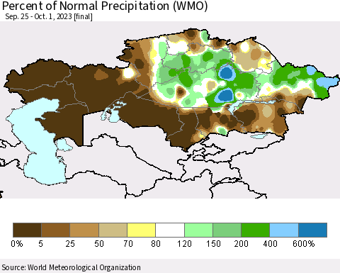Kazakhstan Percent of Normal Precipitation (WMO) Thematic Map For 9/25/2023 - 10/1/2023