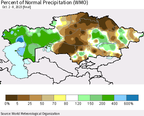Kazakhstan Percent of Normal Precipitation (WMO) Thematic Map For 10/2/2023 - 10/8/2023