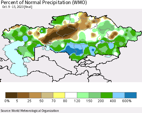 Kazakhstan Percent of Normal Precipitation (WMO) Thematic Map For 10/9/2023 - 10/15/2023