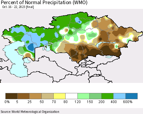 Kazakhstan Percent of Normal Precipitation (WMO) Thematic Map For 10/16/2023 - 10/22/2023