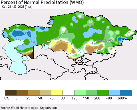 Kazakhstan Percent of Normal Precipitation (WMO) Thematic Map For 10/23/2023 - 10/29/2023