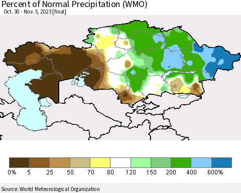 Kazakhstan Percent of Normal Precipitation (WMO) Thematic Map For 10/30/2023 - 11/5/2023