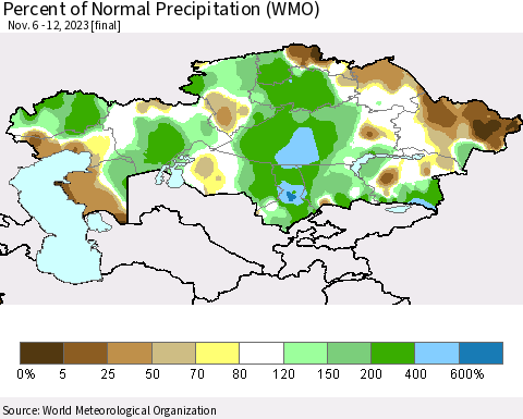 Kazakhstan Percent of Normal Precipitation (WMO) Thematic Map For 11/6/2023 - 11/12/2023