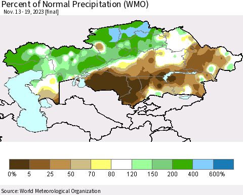 Kazakhstan Percent of Normal Precipitation (WMO) Thematic Map For 11/13/2023 - 11/19/2023