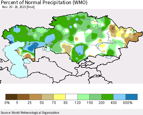 Kazakhstan Percent of Normal Precipitation (WMO) Thematic Map For 11/20/2023 - 11/26/2023