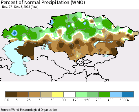 Kazakhstan Percent of Normal Precipitation (WMO) Thematic Map For 11/27/2023 - 12/3/2023