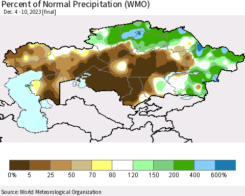 Kazakhstan Percent of Normal Precipitation (WMO) Thematic Map For 12/4/2023 - 12/10/2023