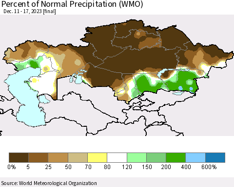 Kazakhstan Percent of Normal Precipitation (WMO) Thematic Map For 12/11/2023 - 12/17/2023