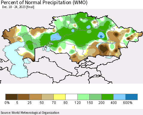 Kazakhstan Percent of Normal Precipitation (WMO) Thematic Map For 12/18/2023 - 12/24/2023