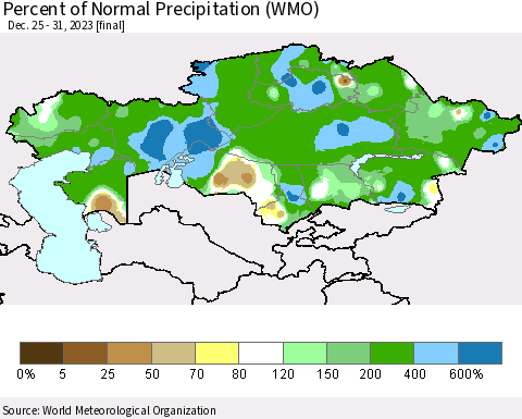 Kazakhstan Percent of Normal Precipitation (WMO) Thematic Map For 12/25/2023 - 12/31/2023