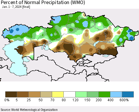 Kazakhstan Percent of Normal Precipitation (WMO) Thematic Map For 1/1/2024 - 1/7/2024