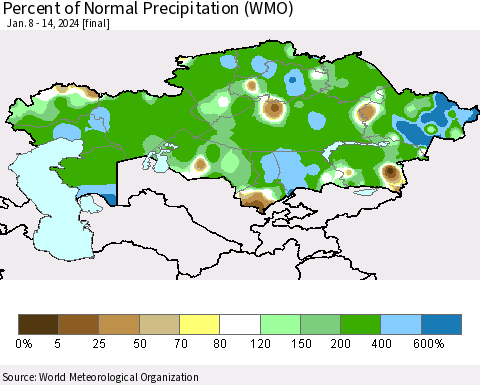 Kazakhstan Percent of Normal Precipitation (WMO) Thematic Map For 1/8/2024 - 1/14/2024