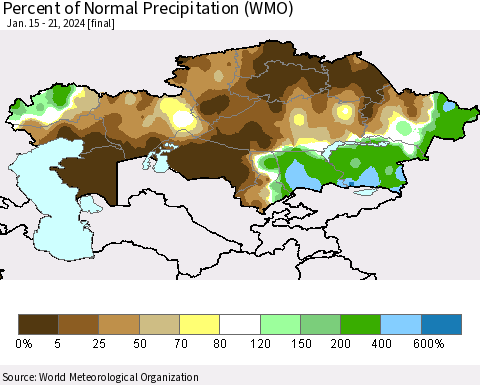 Kazakhstan Percent of Normal Precipitation (WMO) Thematic Map For 1/15/2024 - 1/21/2024