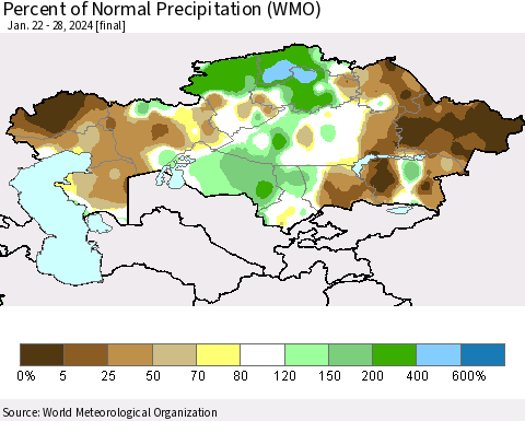 Kazakhstan Percent of Normal Precipitation (WMO) Thematic Map For 1/22/2024 - 1/28/2024