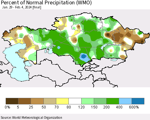 Kazakhstan Percent of Normal Precipitation (WMO) Thematic Map For 1/29/2024 - 2/4/2024