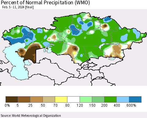 Kazakhstan Percent of Normal Precipitation (WMO) Thematic Map For 2/5/2024 - 2/11/2024