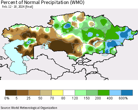 Kazakhstan Percent of Normal Precipitation (WMO) Thematic Map For 2/12/2024 - 2/18/2024