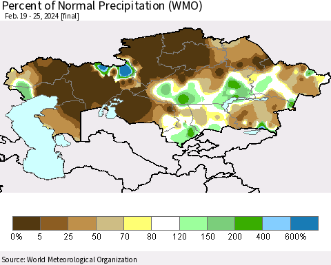 Kazakhstan Percent of Normal Precipitation (WMO) Thematic Map For 2/19/2024 - 2/25/2024