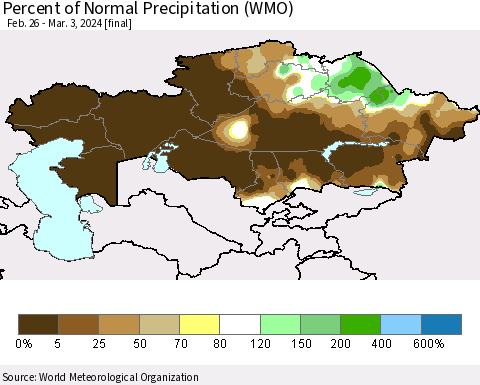 Kazakhstan Percent of Normal Precipitation (WMO) Thematic Map For 2/26/2024 - 3/3/2024