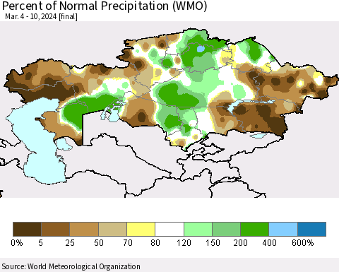 Kazakhstan Percent of Normal Precipitation (WMO) Thematic Map For 3/4/2024 - 3/10/2024