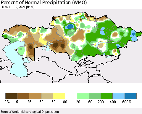 Kazakhstan Percent of Normal Precipitation (WMO) Thematic Map For 3/11/2024 - 3/17/2024