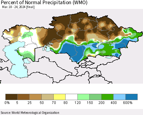 Kazakhstan Percent of Normal Precipitation (WMO) Thematic Map For 3/18/2024 - 3/24/2024
