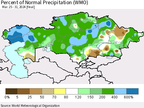 Kazakhstan Percent of Normal Precipitation (WMO) Thematic Map For 3/25/2024 - 3/31/2024