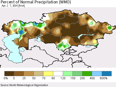 Kazakhstan Percent of Normal Precipitation (WMO) Thematic Map For 4/1/2024 - 4/7/2024