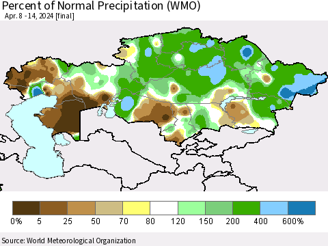 Kazakhstan Percent of Normal Precipitation (WMO) Thematic Map For 4/8/2024 - 4/14/2024