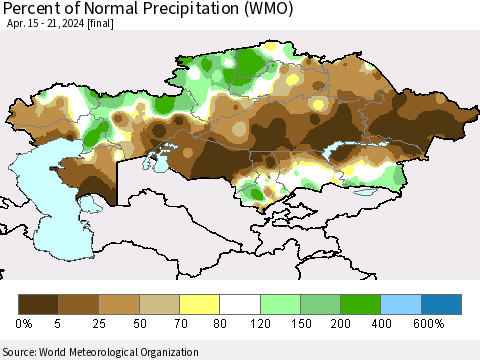 Kazakhstan Percent of Normal Precipitation (WMO) Thematic Map For 4/15/2024 - 4/21/2024