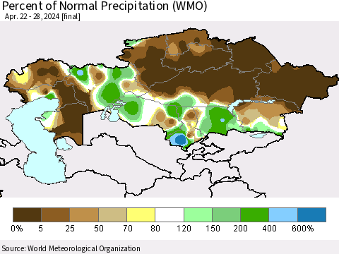 Kazakhstan Percent of Normal Precipitation (WMO) Thematic Map For 4/22/2024 - 4/28/2024