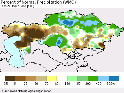 Kazakhstan Percent of Normal Precipitation (WMO) Thematic Map For 4/29/2024 - 5/5/2024