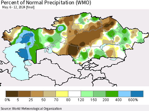 Kazakhstan Percent of Normal Precipitation (WMO) Thematic Map For 5/6/2024 - 5/12/2024