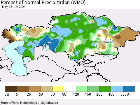 Kazakhstan Percent of Normal Precipitation (WMO) Thematic Map For 5/13/2024 - 5/19/2024