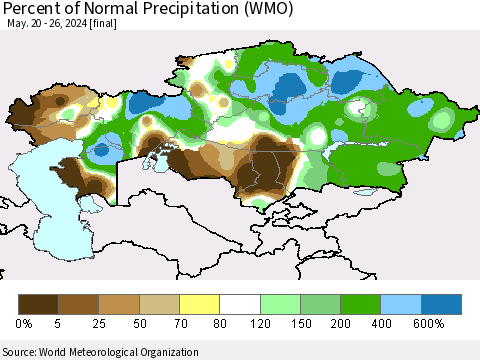 Kazakhstan Percent of Normal Precipitation (WMO) Thematic Map For 5/20/2024 - 5/26/2024