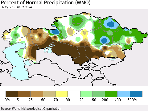 Kazakhstan Percent of Normal Precipitation (WMO) Thematic Map For 5/27/2024 - 6/2/2024