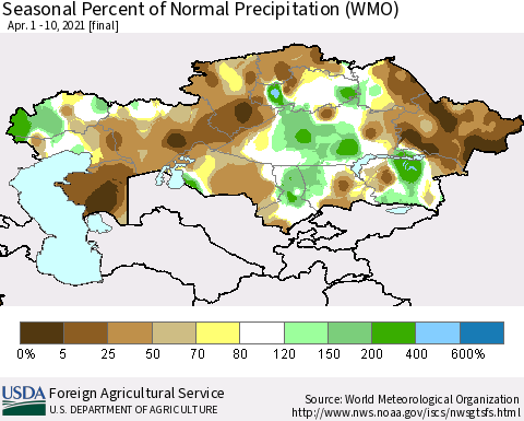 Kazakhstan Seasonal Percent of Normal Precipitation (WMO) Thematic Map For 4/1/2021 - 4/10/2021
