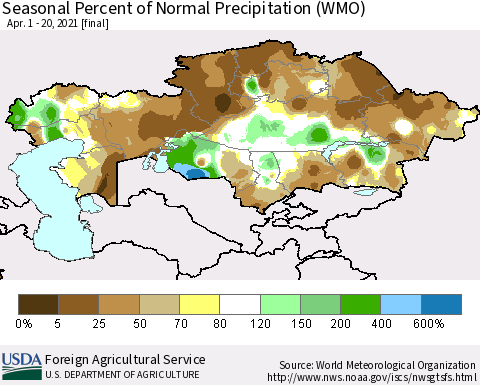 Kazakhstan Seasonal Percent of Normal Precipitation (WMO) Thematic Map For 4/1/2021 - 4/20/2021