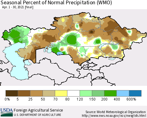 Kazakhstan Seasonal Percent of Normal Precipitation (WMO) Thematic Map For 4/1/2021 - 4/30/2021