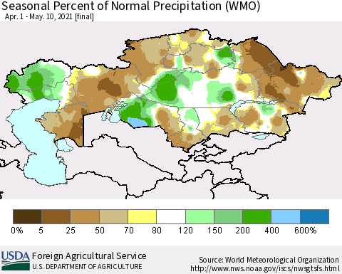 Kazakhstan Seasonal Percent of Normal Precipitation (WMO) Thematic Map For 4/1/2021 - 5/10/2021