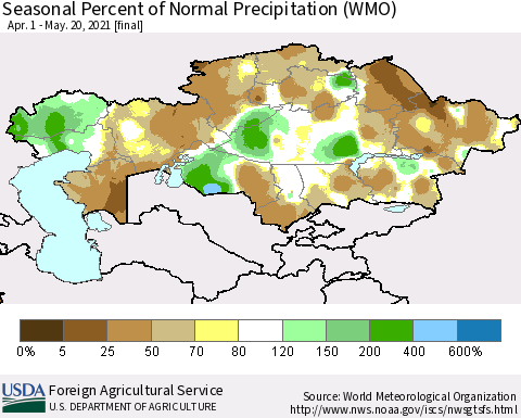 Kazakhstan Seasonal Percent of Normal Precipitation (WMO) Thematic Map For 4/1/2021 - 5/20/2021