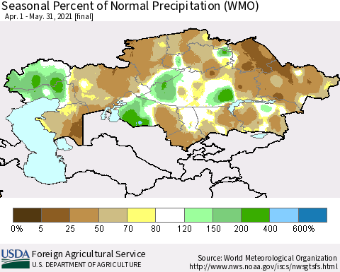 Kazakhstan Seasonal Percent of Normal Precipitation (WMO) Thematic Map For 4/1/2021 - 5/31/2021