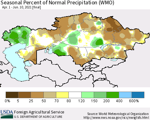 Kazakhstan Seasonal Percent of Normal Precipitation (WMO) Thematic Map For 4/1/2021 - 6/10/2021